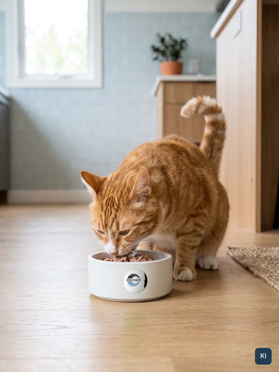 KI-Szene: Katze frisst aus einem Napf mit BRUCKER-Plakette, Look and Feel