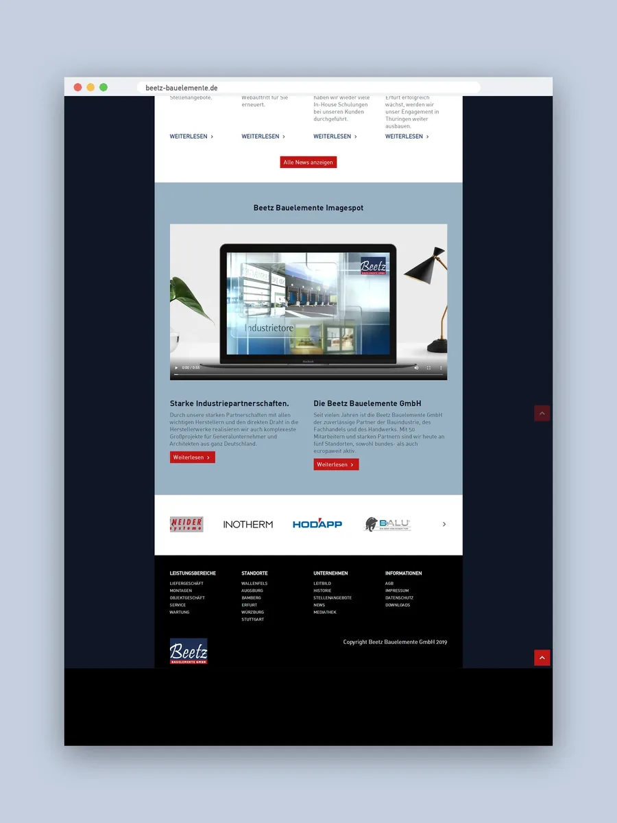 Website beetz-bauelemente.de, Startseite mit Imagespot, Markenpartnern und Fußbereich