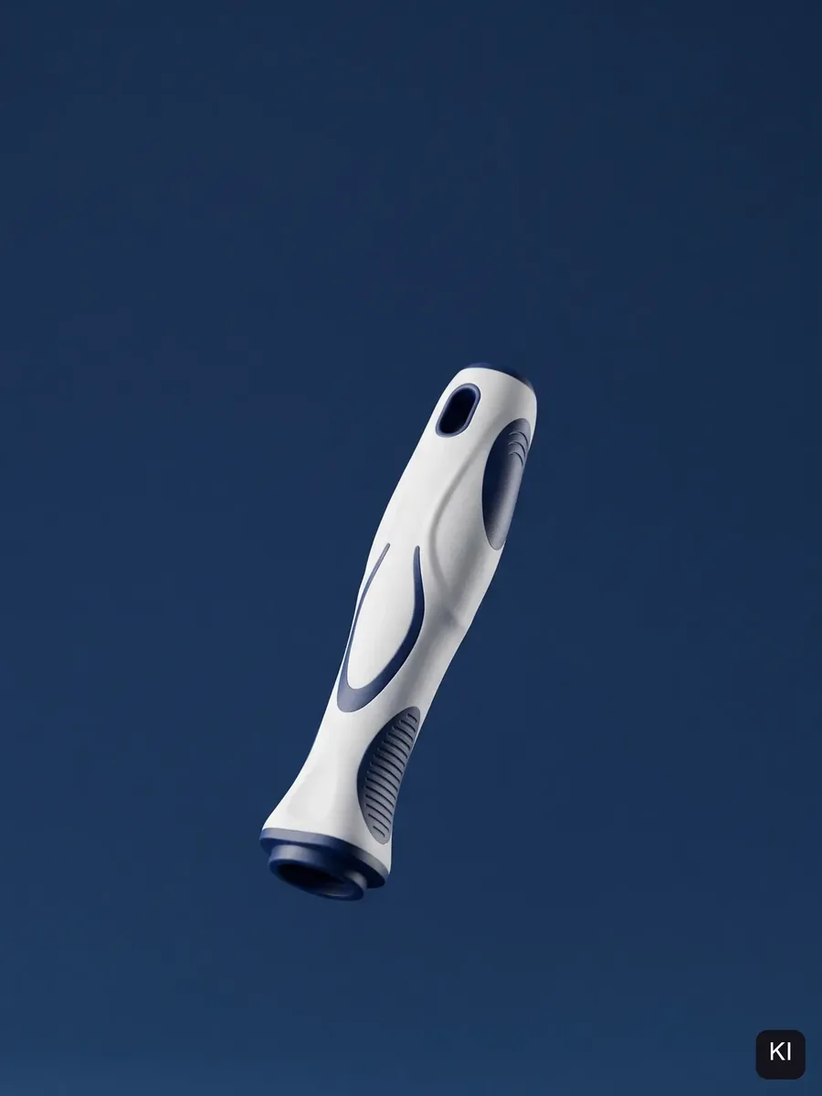Ergonomischer Griff schwebt vor Marineblau (KI-Bild, Stimmung)