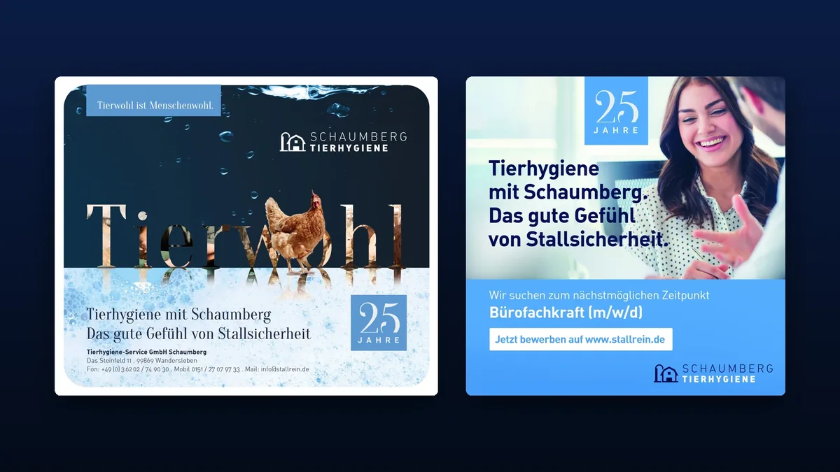 Jubiläumsanzeige Tierwohl und Recruiting-Anzeige zu 25 Jahren Schaumberg Tierhygiene