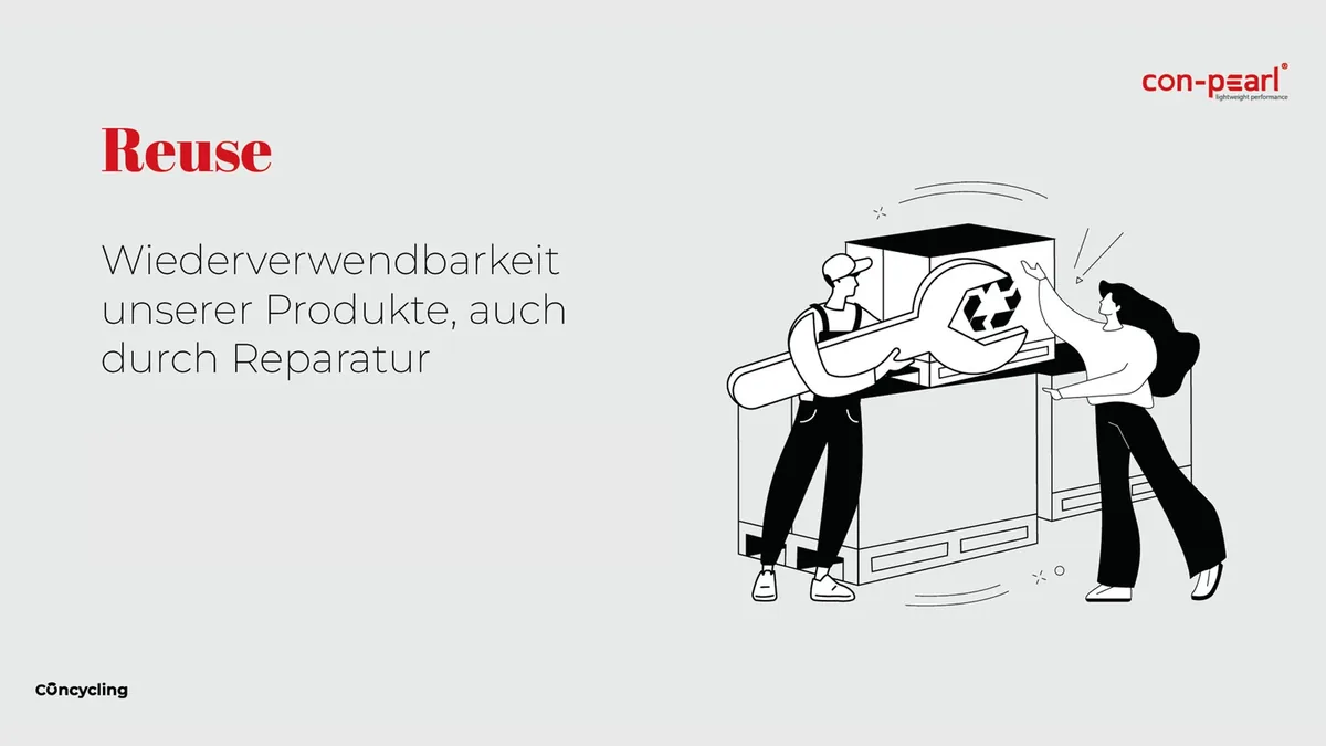 Dokumentationsseite Reuse: Wiederverwendbarkeit der Produkte, auch durch Reparatur, Strichillustration mit großem Schraubenschlüssel