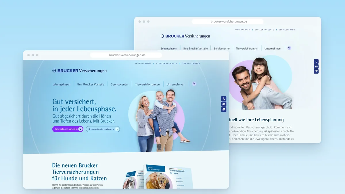 Website brucker-versicherungen.de als Desktop-Fenster: Startseite und Lebensphasen-Seite
