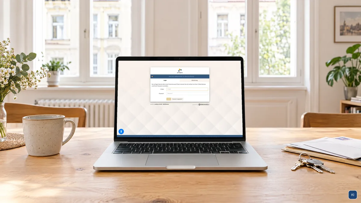 Laptop in einer hellen Altbauwohnung mit der Anmeldung zum Serviceportal der proQura. Szene KI-unterstützt, Screen echt.