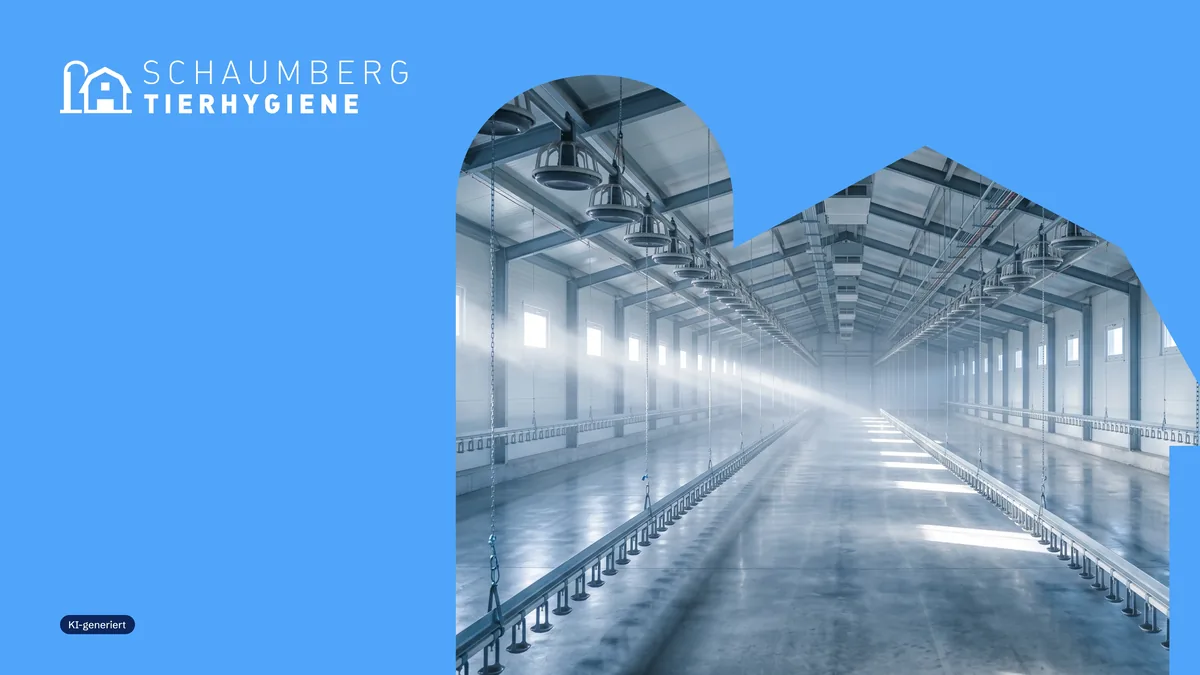 Stallgang im Gegenlicht im Stallfenster der Bildmarke, Logo auf Secondary Blau (KI-Bild, gekennzeichnet)