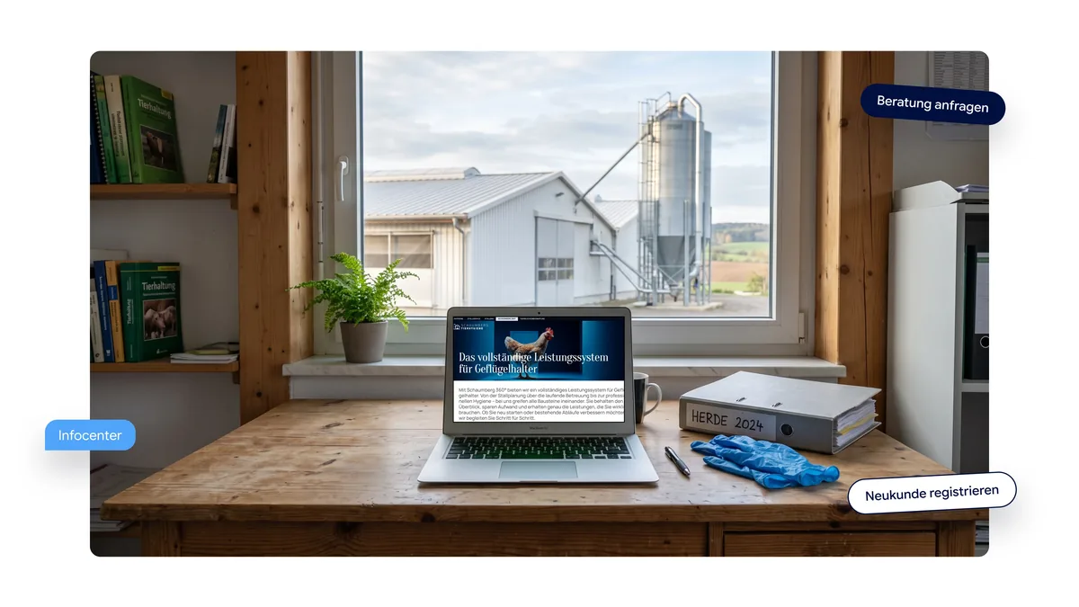 Laptop im Stallbüro mit der Seite Schaumberg 360 von stallrein.de (KI-Szene, Screen echt)