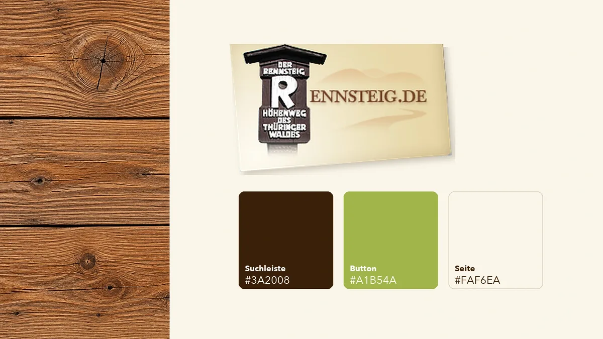 Original-Logo von rennsteig.de neben einer scharfen Holzstruktur und den drei Farbwerten Suchleiste #3A2008, Button #A1B54A und Seite #FAF6EA; Holz KI-unterstützt