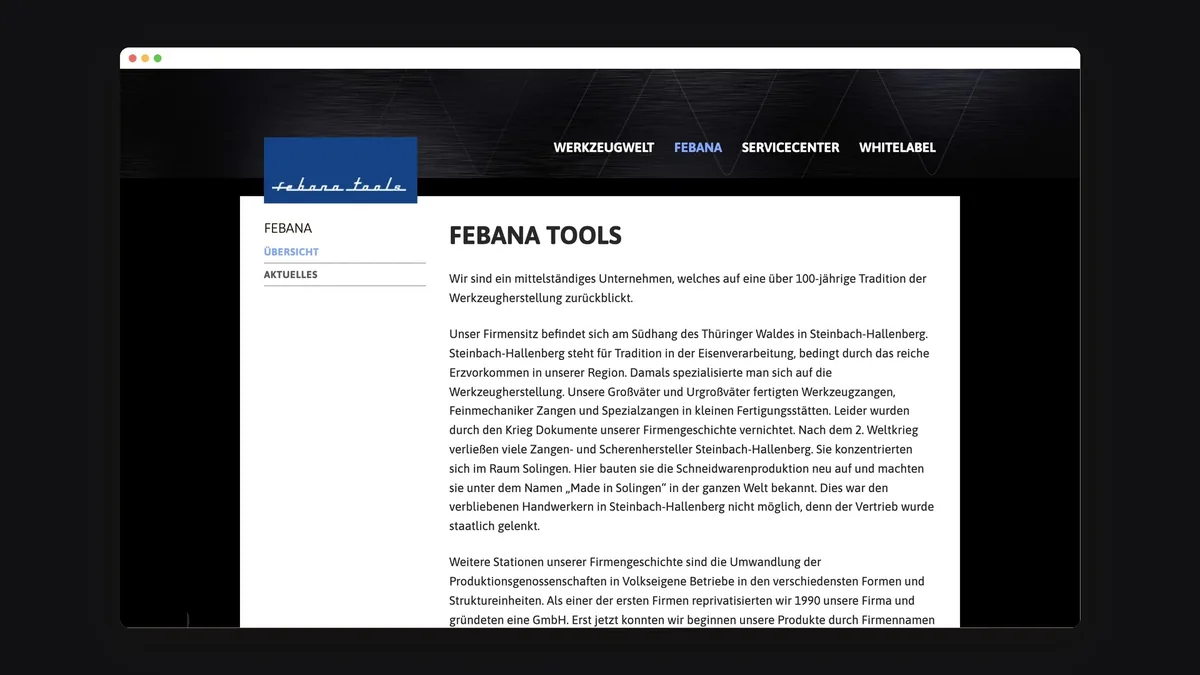 Seite Unternehmen von febana.tools mit der Firmengeschichte aus Steinbach-Hallenberg