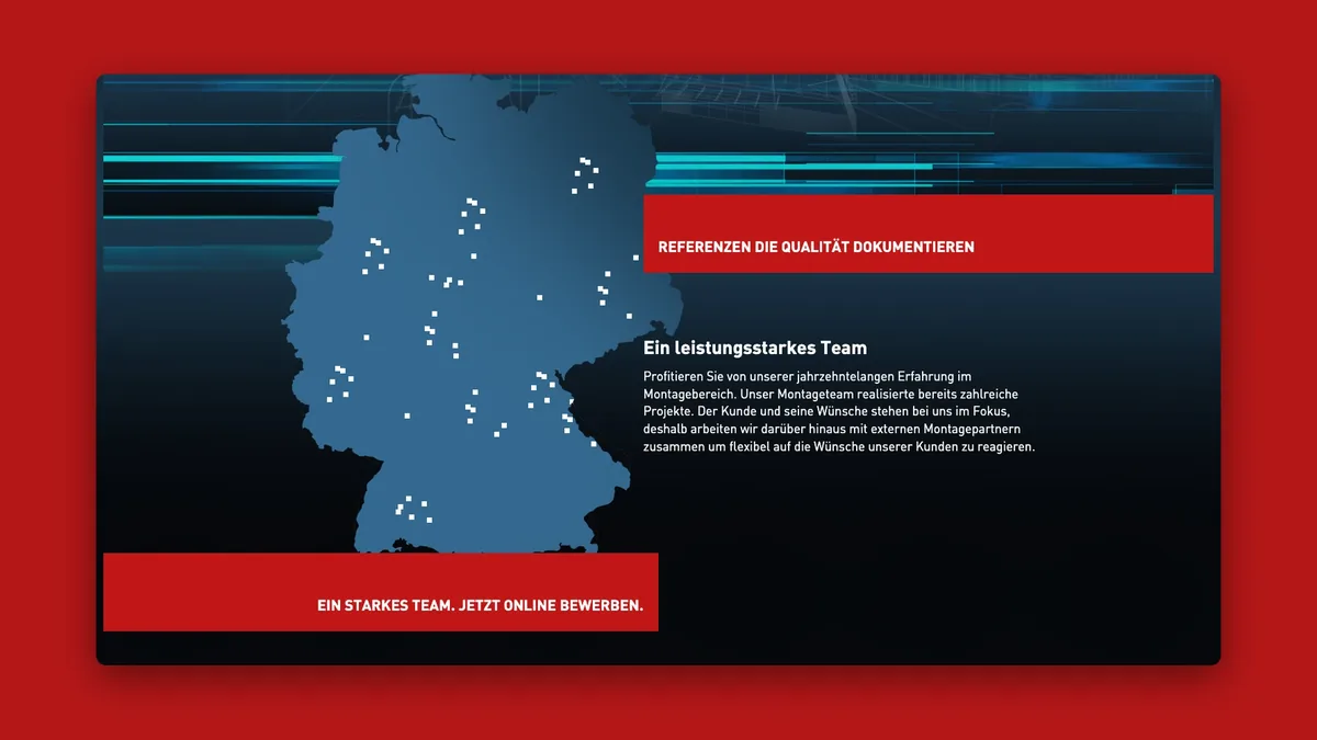 Ausschnitt der Startseite mit Deutschlandkarte und Referenzpunkten, dem roten Balken Referenzen die Qualität dokumentieren und dem Text Ein leistungsstarkes Team