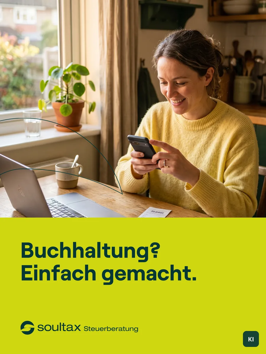 Poweranzeige in Lemon: Frau mit Smartphone am Küchentisch, darunter Buchhaltung? Einfach gemacht. und Logo (KI-Foto, Weiterbau)