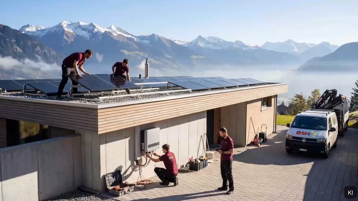 Standbild aus Spot C: Zwei Monteure montieren Solarmodule auf dem Flachdach, davor ein Techniker an der Anlage, rechts der BSH-Transporter vor Bergpanorama; KI-unterstützt