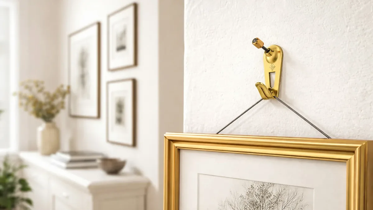 Goldener FLOREAT-Haken an heller Wand, daran hängt ein goldener Bilderrahmen