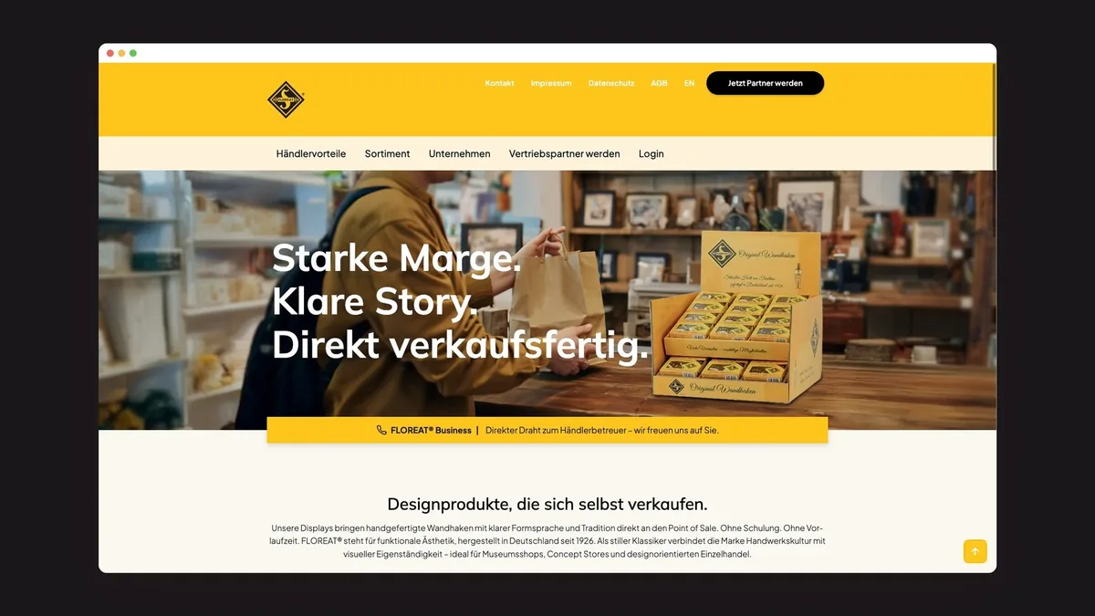 Startseite von floreat.business mit dem Versprechen Starke Marge, klare Story, direkt verkaufsfertig