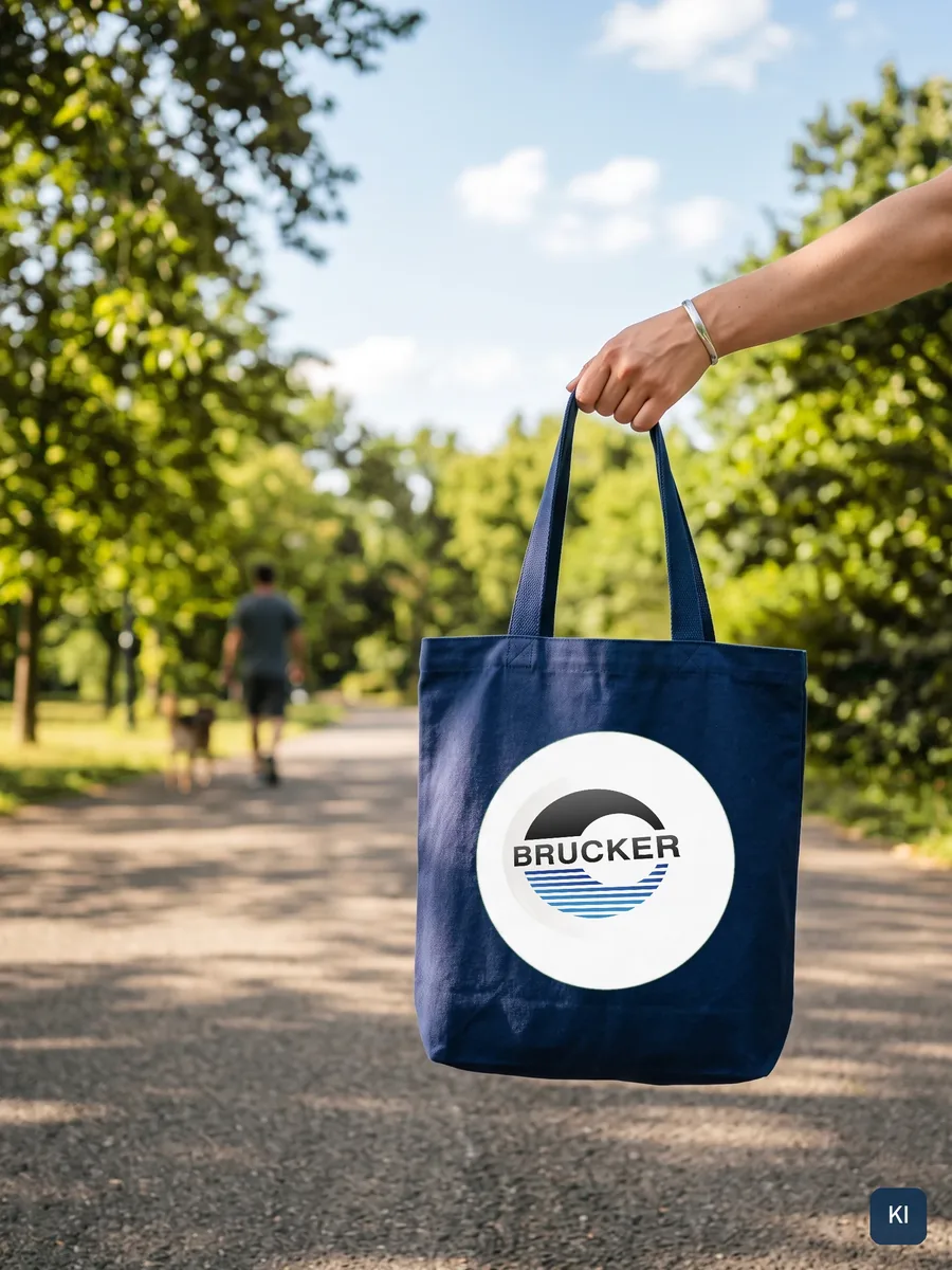 KI-Szene: Stofftasche mit BRUCKER-Plakette auf dem Spazierweg, Look and Feel