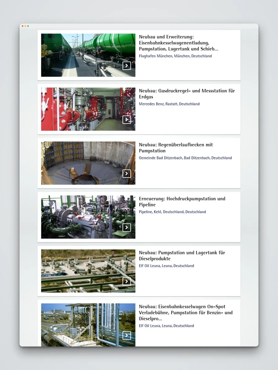 Referenzliste mit Projektkarten aus Deutschland im Browserfenster
