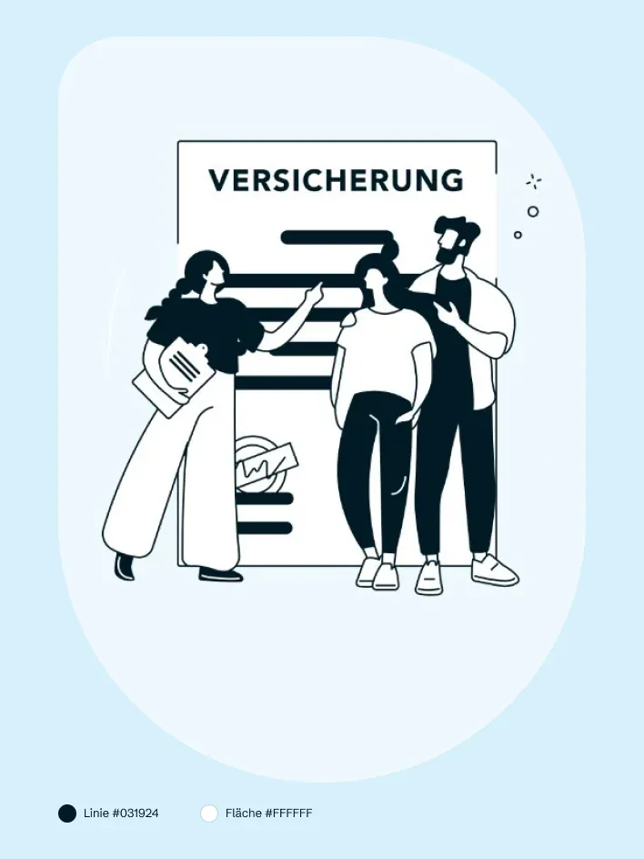 Illustrationsstil: Strichzeichnungen mit Menschen und übergroßen Dingen