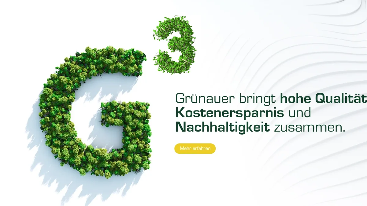 Website-Ausschnitt Unternehmen: ein G aus Bäumen und die Zeile Grünauer bringt hohe Qualität, Kostenersparnis und Nachhaltigkeit zusammen