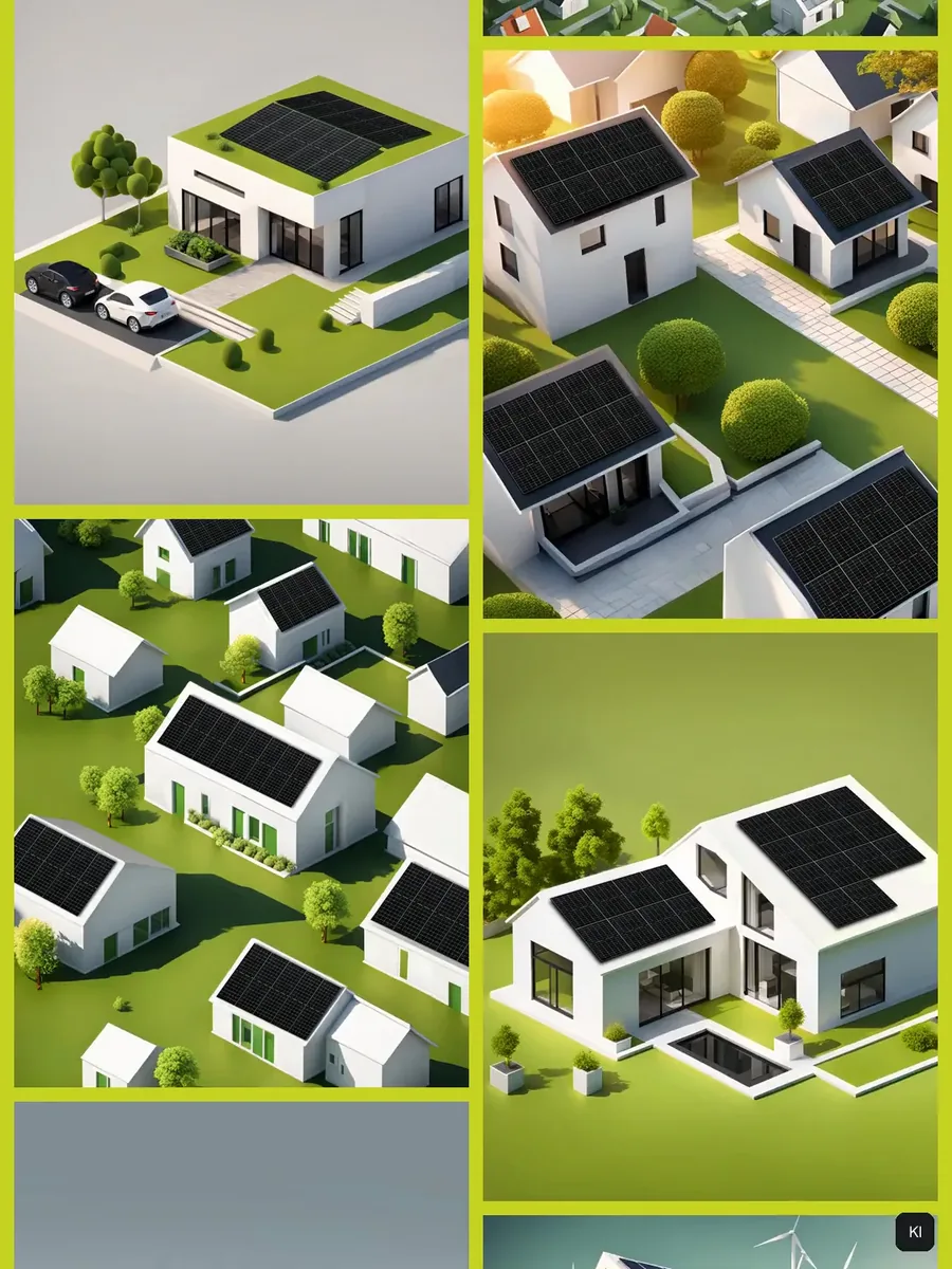 Zwei Spalten mit isometrischen Häusern und Siedlungen mit Solardächern auf Grün, die langsam nach oben und unten laufen, gerahmt von Ener Green.