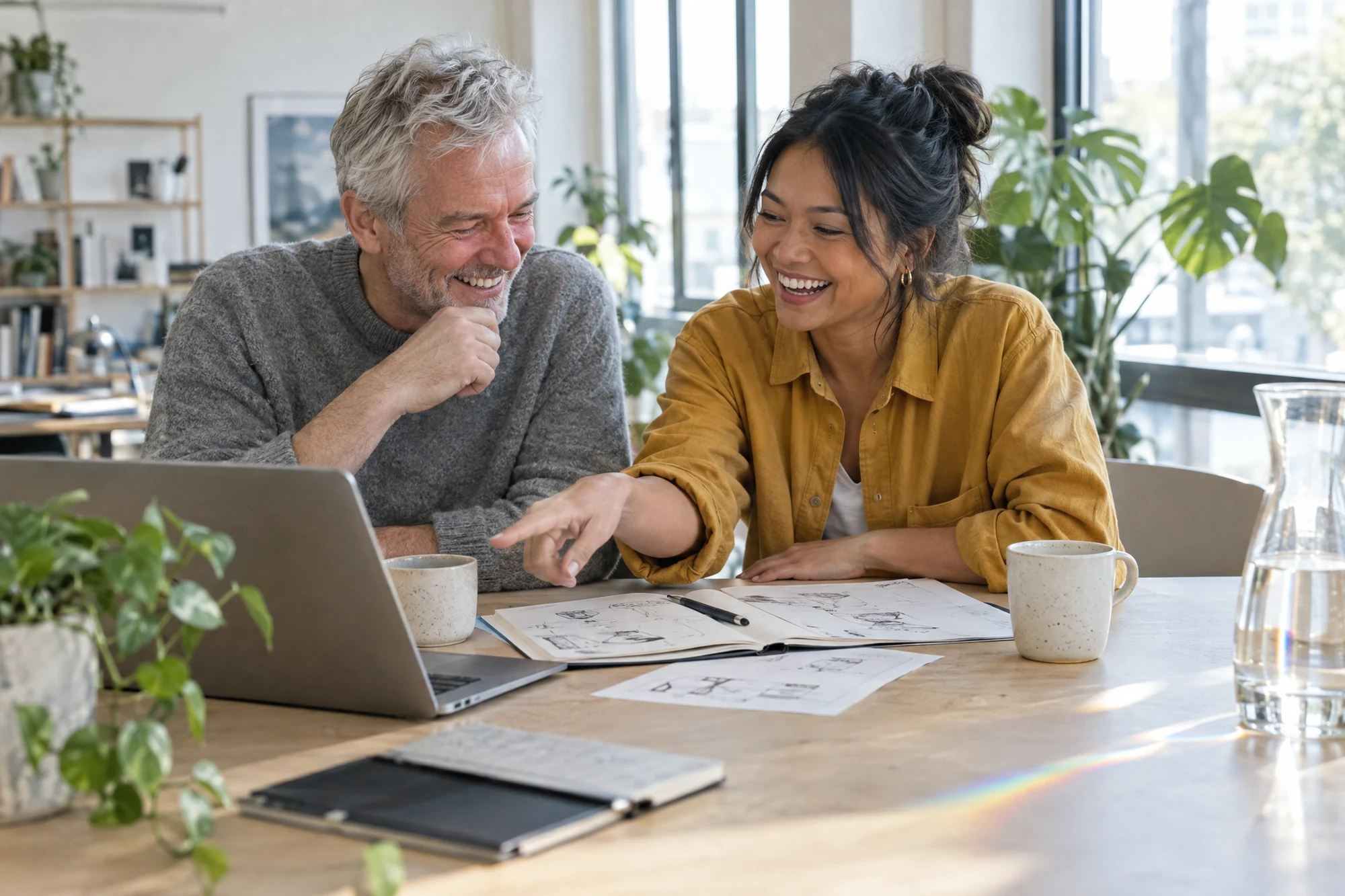 Älterer Mann und Kollegin lachen am Holztisch über Skizzen und Laptop