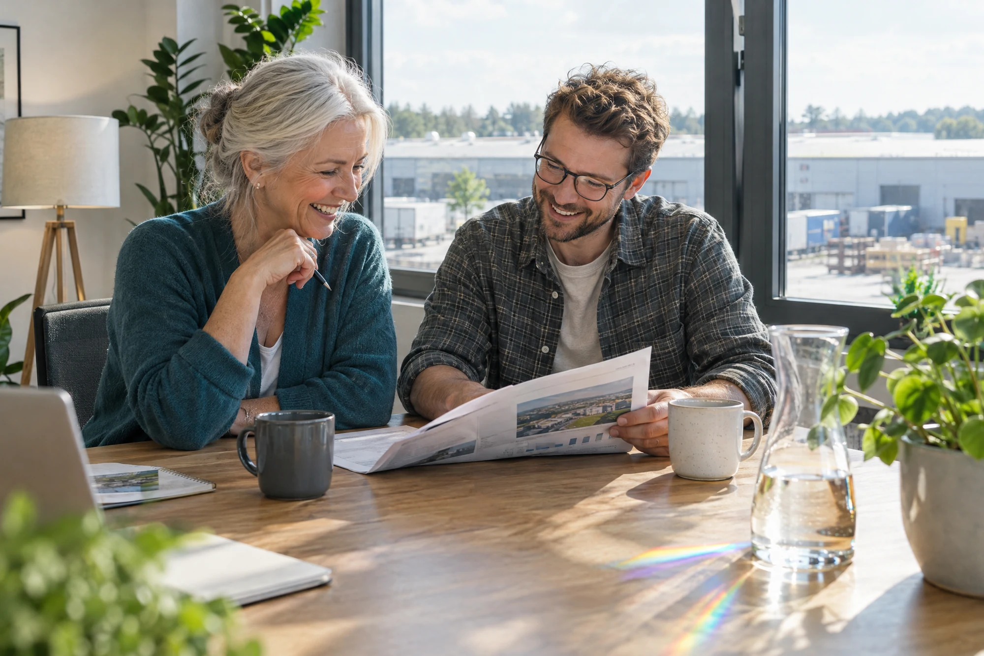 Ältere Frau und Mann lachen im hellen Eckbüro über einen gedruckten Bericht