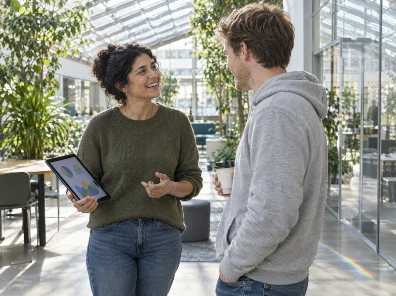 Frau mit Tablet im Gespräch mit einem Kollegen in einem lichtdurchfluteten Atrium