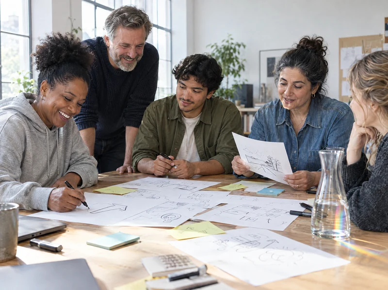 Fünf Personen besprechen lachend Skizzen und Haftnotizen am Workshop-Tisch